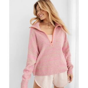 Aerie Quarter Zip Sweater Lip Gloss Oversized Preppy Pullover Pink Size XS